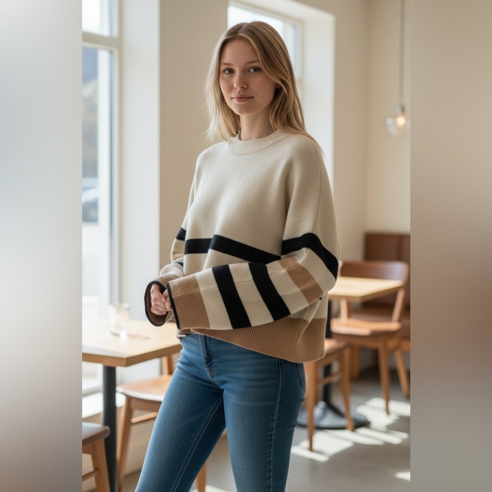 Cream and Black Striped Crewneck Sweater with Bell Sleeves